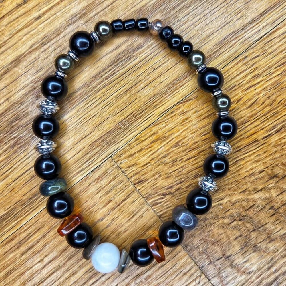 Moonstone, Agate & Rhodonite Gemstone Beaded Stretch Bracelet